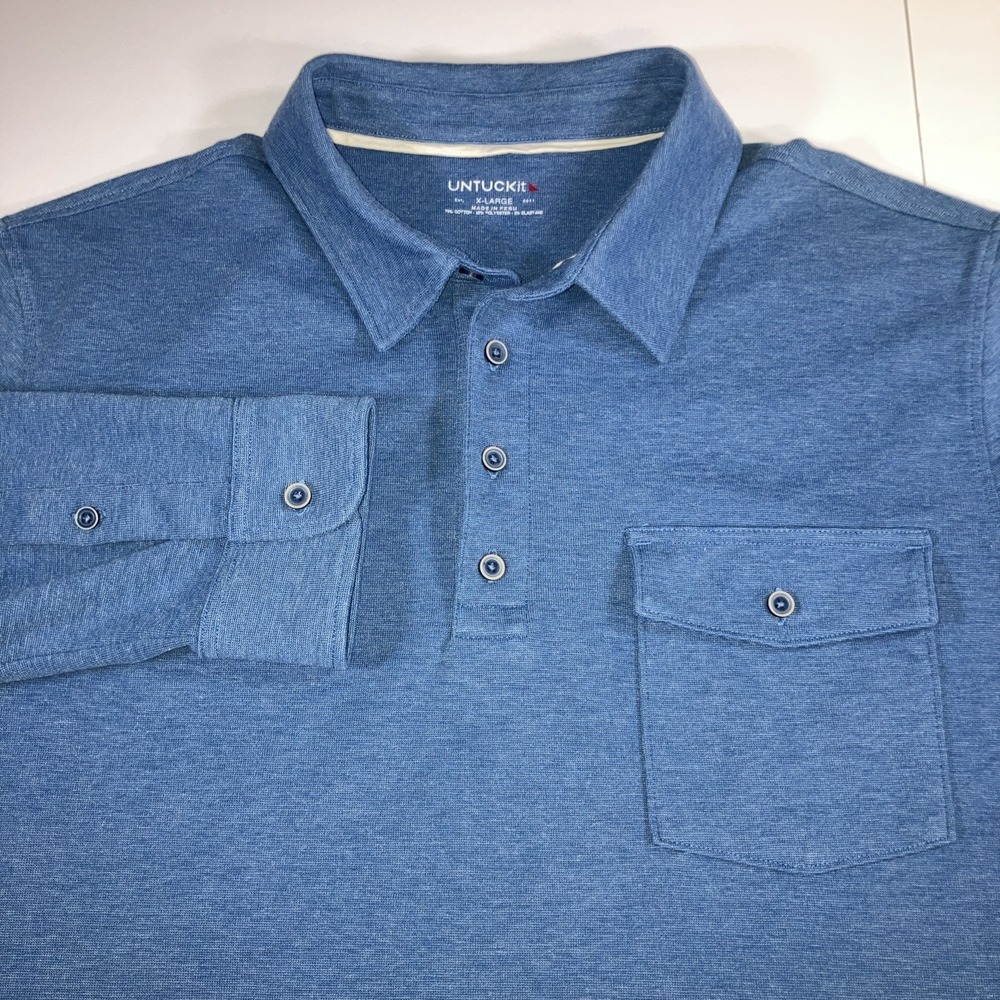 Untuckit Long Sleeve Polo Shirt XL Blue Button Pocket Men Stretch Cotton Blend